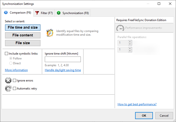 A screenshot of the FreeFileSync application showing options for file validation and synchronization